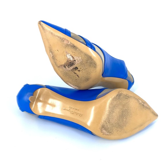 Salvatore Ferragamo Leather and Mesh Liz Pointed Toe Cutout Pumps Blue Size 7 - Picture 9 of 10